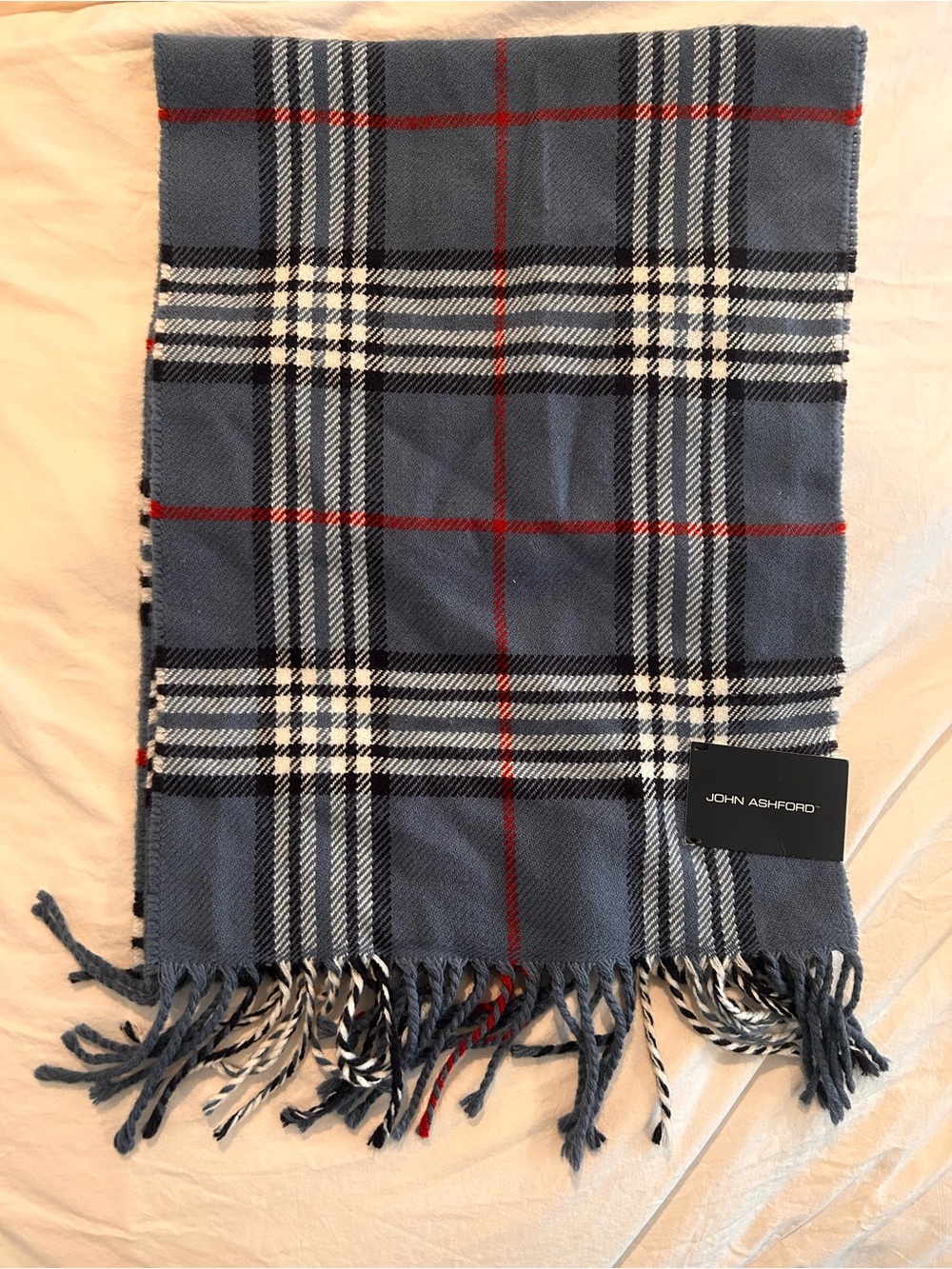 John Ashford Gray-Blue Plaid Scarf with Red Accents